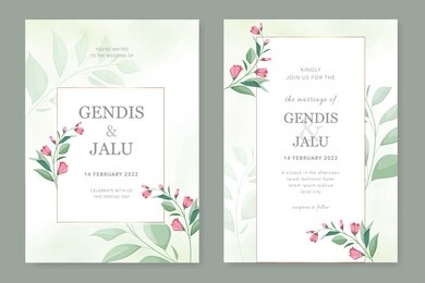 vintage simple wedding invitation cards template with greenery leaves.