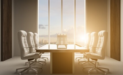meeting room with a large window and wood paneling on the walls. large table and office chairs.. 3d rendering.