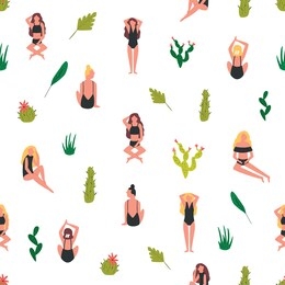 summer seamless pattern with beautiful girls in swimsuits and cacti. holiday summer time vector illustration