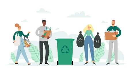 set of people sorting the garbage. happy men and women characters who care about the environment and put rubbish in trash bins, dumpsters or containers for recycling and reuse. zero waste concept 