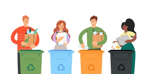 set of people sorting the garbage. happy men and women characters who care about the environment and put rubbish in trash bins, dumpsters or containers for recycling and reuse. zero waste concept 