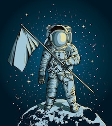 astronaut holding a flag over the moon with star space in the background