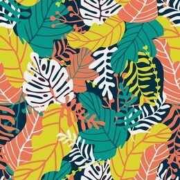 vector colorful seamless pattern with tropical leaves. yellow, purple, white colors. scandinavian cartoon style. monstera leaf. floral ornament for textile design, wallpaper, poster, covers.