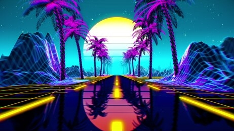 80s retro futuristic sci-fi background. retrowave vj videogame landscape with neon lights and low poly terrain grid. stylized vintage cyberpunk vaporwave 3d render with mountains, sun and stars. 4k