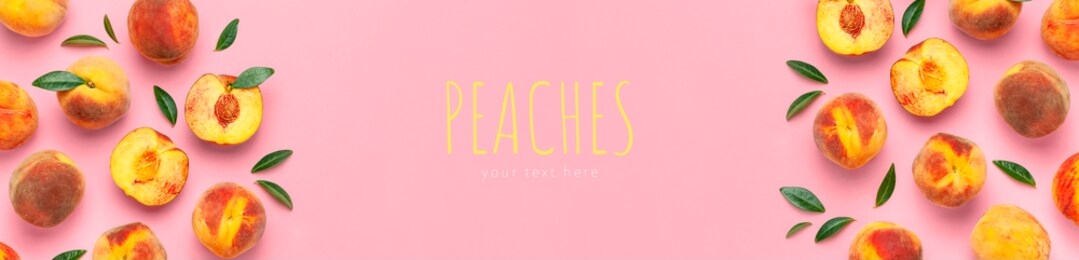 summer fruit background. flat lay composition with peaches. ripe juicy peaches with green leaves on pink background. flat lay top view copy space. fresh organic fruit vegan food. harvest concept