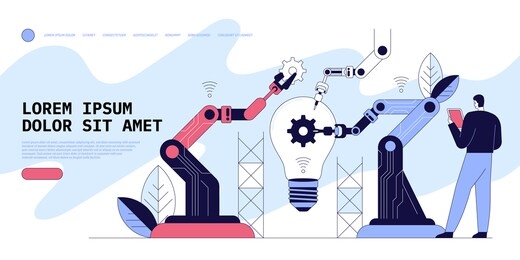 manager engineers check and control automation robot arms machine in intelligent factory industrial on real time monitoring system software. automate wireless robotic arm in smart factory. vector