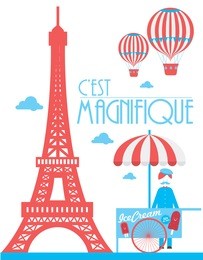 eiffel tower paris ice cream cart hot air balloon vector/illustration