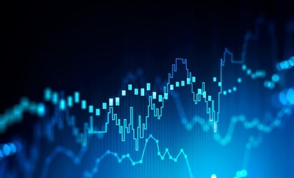 concept of stock market and fintech. blurry blue digital charts over dark blue background. futuristic financial interface. 3d render illustration.