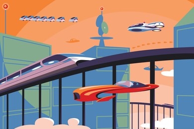 future transportation in metropolis vector illustration. futuristic cars and trains flying over city flat style concept. modern cityscape on background