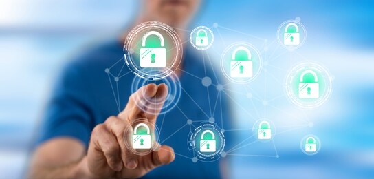 man touching a network safety concept on a touch screen with his finger