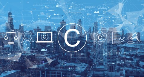 copyright concept with downtown chicago cityscape skyscrapers