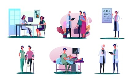 consulting doctor illustration set. pregnant woman, young couple with baby, man with trauma visiting doctor. healthcare concept. illustration for banners, posters, website design