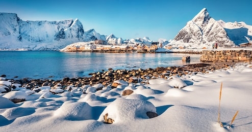 astonishing afternoon scene of sakrisoy village, norway, europe. amazing winter view of lofoten islads. beautiful seascape of norwegian sea.  traveling concept background. untouched winter landscape.
