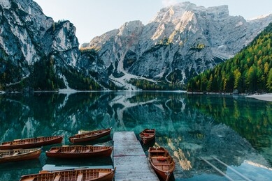 view on lake "lago di braies" in italian alps