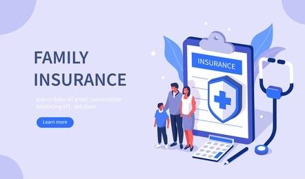 family calculate and sign health insurance policy contract. people having examination in hospital office and filling medical document form. health care concept. flat isometric vector illustration.
