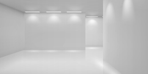 art gallery empty 3d room with white walls, floor and illumination lamps. museum interior passages with lights for pictures presentation, photography contest exhibition hall, realistic vector mock up