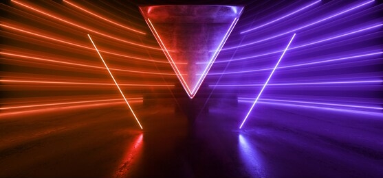 futuristic sci fi background triangle podium showcase neon glowing purple orange beams fluorescent oval room garage podium stage concrete hall modern 3d rendering illustration