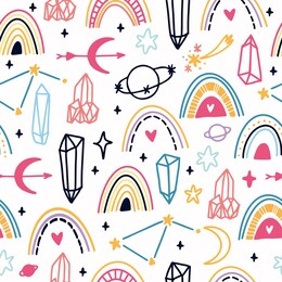 vector seamless pattern with doodles. mystical theme, magic boho style. rainbow, constellations, planets. cartoon background