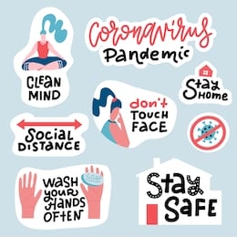 coronavirus covid-19 prevention sticker set. hand drawn pack with lettering how to protect yourself - hand washing, avoid touchin face, stay home. cartoon badges with quotes. trendy flat vector.