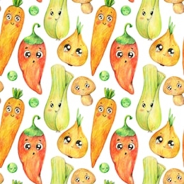 hand drawn kawaii vegetables pattern. cute food illustration isolated on white. cartoon leek, champignon, carrot, pepper, peas, onion with cute faces. eat healthy seamless pattern. vegan kids menu. 