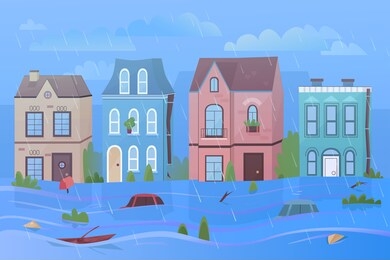city street under rain and natural disaster flood cartoon vector illustration panorama