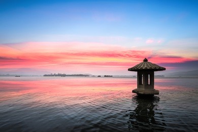 sunset glow in the beautiful hangzhou west lake,china