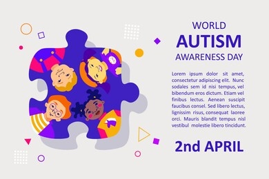 four children of different races are depicted on the background of a puzzle piece. puzzle is a symbol of autism. autism awareness day concept. healthy care template with text space for social action.