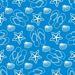 vector travel seamless pattern illustration with flip flops, starfish, shell. summer time, vacation, holiday, leisure background. concept for travel agency. design wrapping, fabric, print