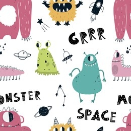vector color hand-drawn seamless repeating childish pattern with cute monsters aliens and space doodles on a white background. seamless pattern with space monsters. baby pattern. space.
