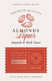 family recipe almonds liquor acohol label. abstract vector packaging design layout. modern typography banner with hand drawn nuts silhouette logo and background. isolated.