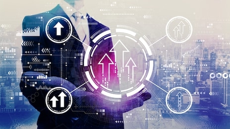 rising arrow theme with businessman on a city background