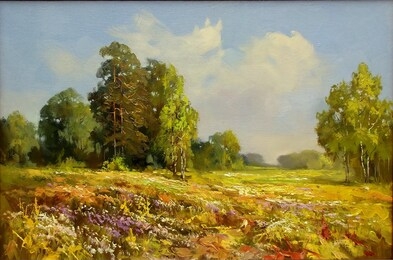 flowering meadow with trees against a clear sky with clouds,oil painting, fine art, wildflowers, sky, tree, nature, summer