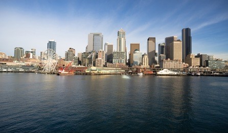infrastructure, buildings, and waterfront attractions elliott bay seattle downtown skyline
