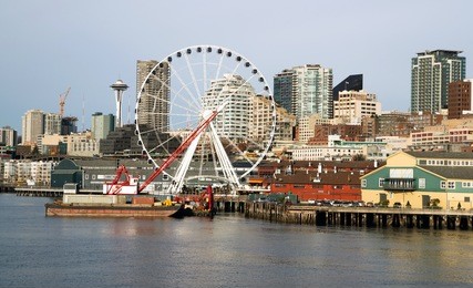waterfront piers dock buildings needle ferris wheel seattle elliott bay