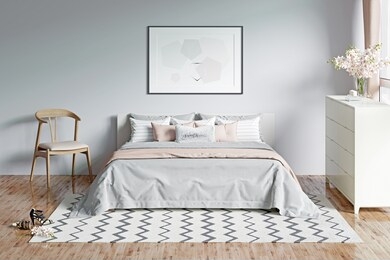 modern light gray romantic bedroom with a window, flowers, a horizontal poster under the bed with plaid and pillows. front view. 3d render