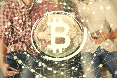 double exposure of crypto theme drawing and man and woman working together holding and using a mobile device. blockchain concept.