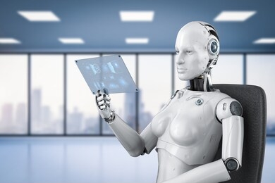 3d rendering female cyborg hold glass tablet with graphic display