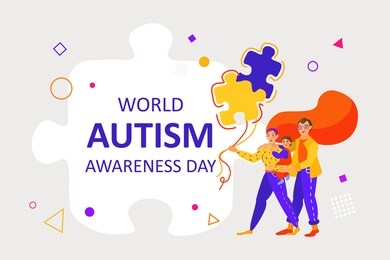 a family with an autistic child holds balloons. world autism awareness day. the puzzle is a worldwide symbol of autism. autism awareness concept for design of banners, flyers, posters, promotions.