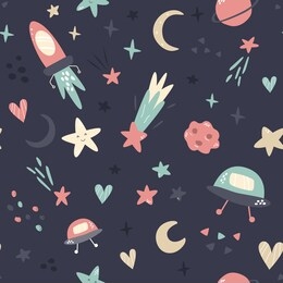 seamless pattern with space elements rocket, stars, moon, planets, ufo. for decorations greeting cards, prints