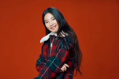 beautiful woman asian appearance smile winter jacket