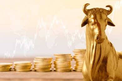 the concept of bull market on stock market investment good situation. financial investment in bull market. how to trade in risk valuation situation. gold bull with stock market background
