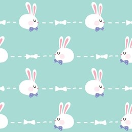 seamless pattern of cartoon rabbit head design on green background with white dash lines