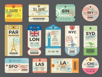 baggage retro tags. traveling old tickets flight labels stamps for luggage vector set