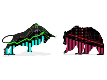bull and bear shapes with stock market trend symbols on vector white background
