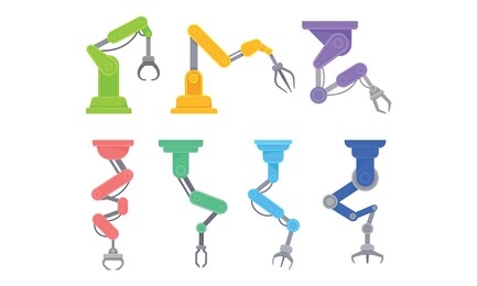 robotic arm in manufacturing process. robot and machine industry vector set