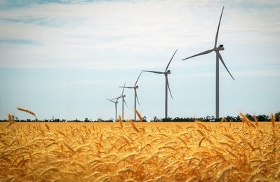wind turbines and agricultural field on a summer day. energy production, clean and renewable energy.
