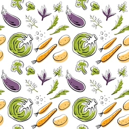 seamless pattern with cabbage, eggplant, broccoli, carrot, potatoes, herbs. colorful sketch of healthy vegetables and herbs isolated on white background. doodle hand drawn vector illustration