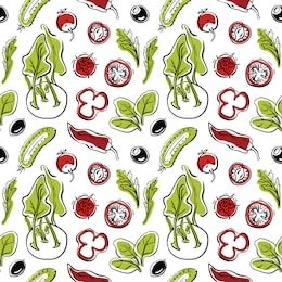 seamless pattern with cucumber, kohlrabi, tomatoes, spinach, radish, pepper. colorful sketch of healthy vegetables and herbs isolated on white background. doodle hand drawn vector illustration