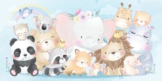 cute animals with watercolor effect