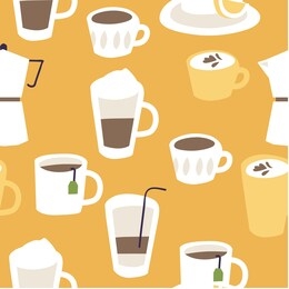 vector illustration of set different hot drinks. menu list of coffee and tea. seamless pattern